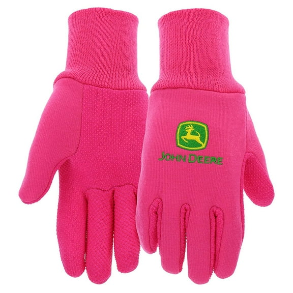 John Deere JD00003 Jersey Gloves - 10 oz Jersey Gloves for Youth, Ribbed Knit Wrist, Polyester/Cotton Fabric, Straight Thumb, Pink