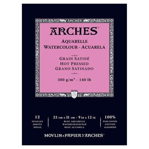 ARCHES® Aquarelle Watercolor Paper Pad, Hot Press, Natural White, 140 lb (300 gsm), Glue Binding, 12 Sheet, 9x12 in, 1 Count