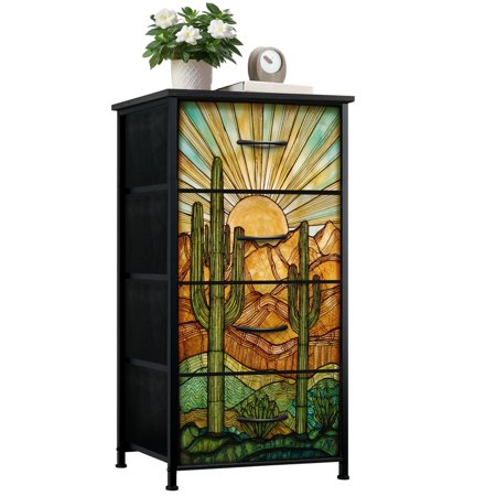Dresser for Bedroom with 4 Storage Drawers Intricate Tribal Tattoo Style Cacti Stained Glass Artwork Chest of Drawers Steel Framed Fabric Closet Organizers for Entryway
