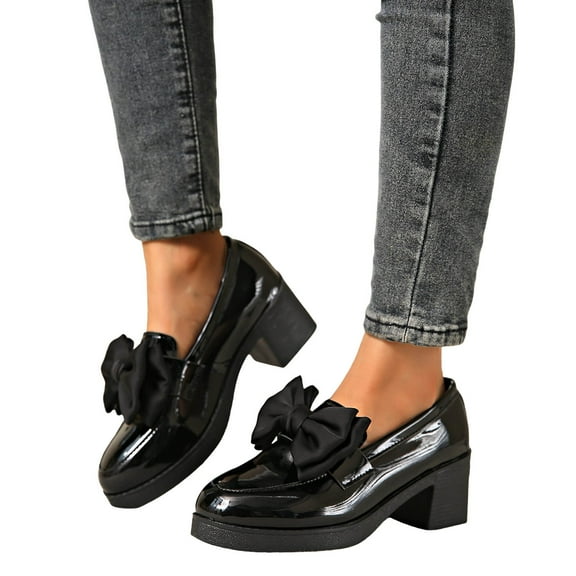 Chunky High Heels Penny Loafers for Women Trendy Leather Bow Buckle Autumn Slip on Oxfords Dress Shoes