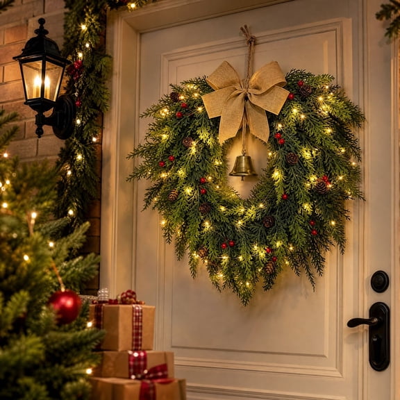 Sulaicai Heart Shaped Lighted Christmas Wreath with Burlap Bow, Pine Cones, Berries and Bell, Festive Hanging Wreath for Front Door Entryway Wall Window