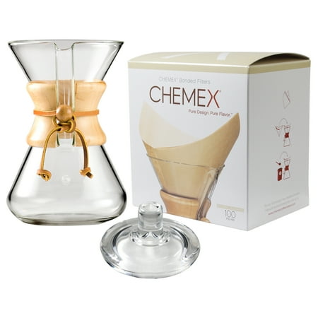 Chemex Wood Collar and Tie Glass 30 Ounce Coffee Maker with Cover and 100 Count Bonded Unbleached Pre-Folded Square Coffee (Best Tie Maker In The World)
