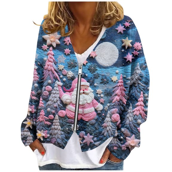 Women's Zip-Up Sweaters and Sweatshirts, Long Sleeve Oversized Jackets with Christmas Print, Soft Casual Loose Tunic Tops,Dark Blue,2XL