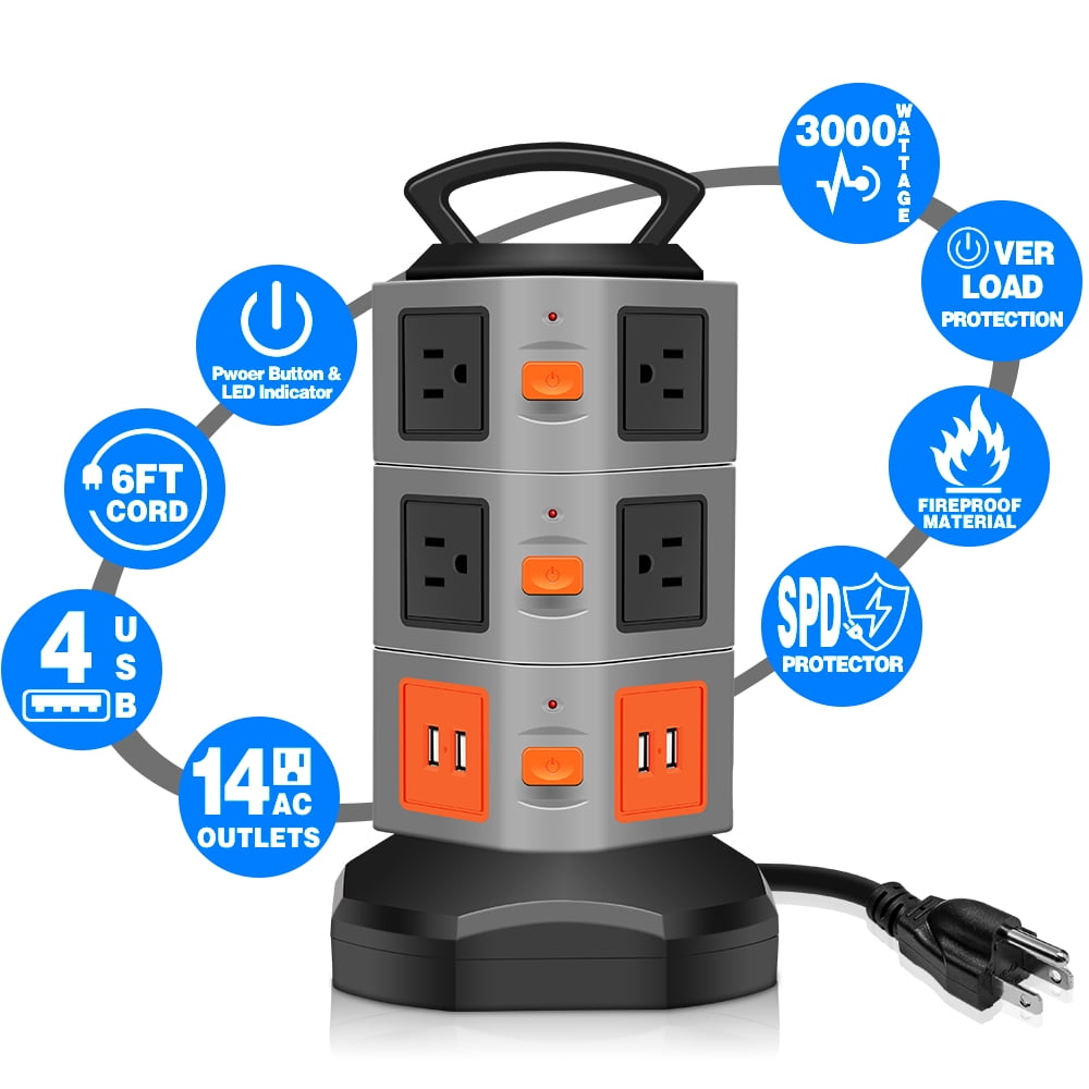 Surge Protector Power Strip, Costech Safety Universal Electric Charging Station; with 10 Outlets 4 USB/Rotating Tower/ 6 feet Cord Wire Extension Power Strip Tower (10 Outlets 4 USB)