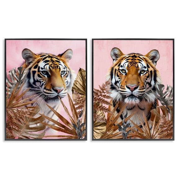 Stupell Industries Fierce Tigers & Gold Leaves Animals Painting Black Framed Art Print Wall Art, 11 x 14, Set of 2