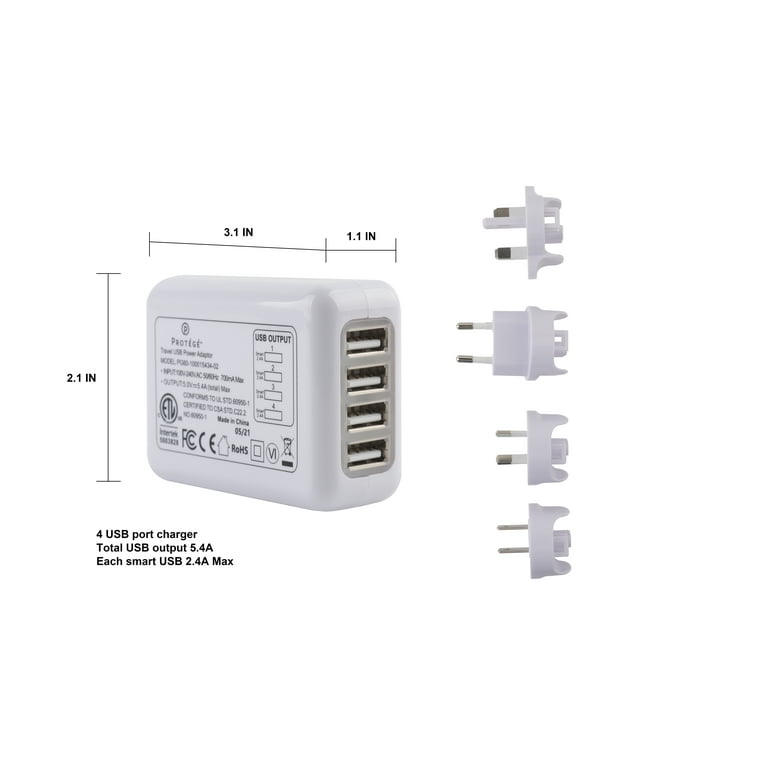 PRO Light USB Travel Adaptor, 4x USB A. 250V, 7A - UK