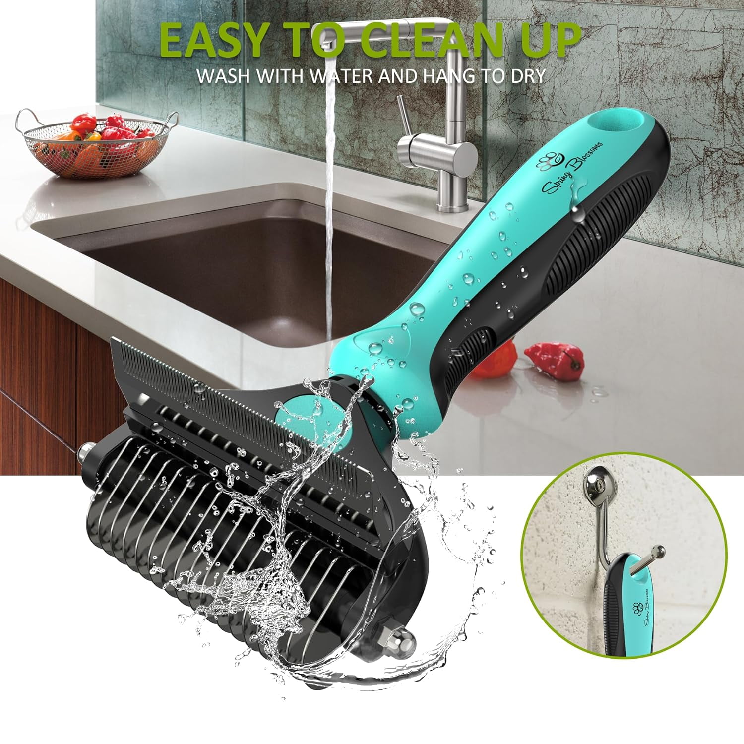 Spring Blossoms-2 in 1 Professional Grooming Rake for Cats & Dogs-Dematting Comb for Easy Mats & Tangles Removing,Hair Removal Cleaner for Pets(Cyan)