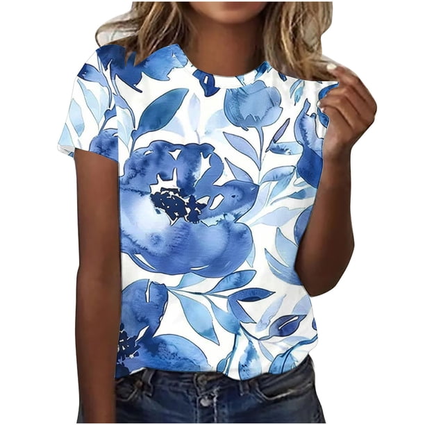 Tops de Ajuste Suelto para las Mujeres Impreso Manga Corta Suéter Camiseta Cuello Redondo Blusa Casual, Top de Moda para el Uso Diario Y las Salidas