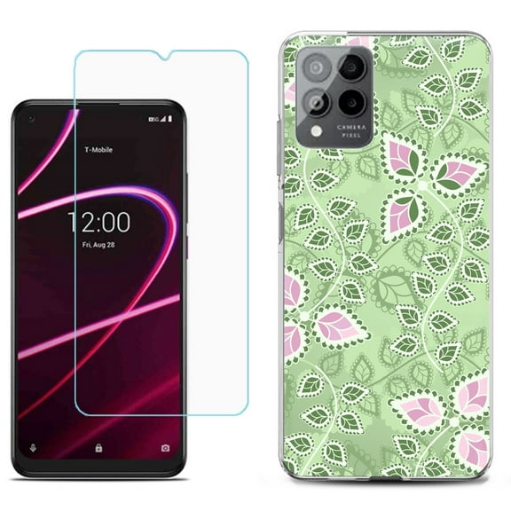 Slim-Fit Gel TPU Phone Case for T-Mobile Revvl 6 Pro 5G, with Tempered Glass Screen Protector, by OneToughShield ® - Leaf Pink Green