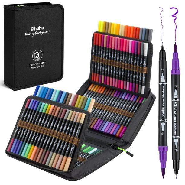 Rotuladores Ohuhu para Libros para Colorear para Adultos: 120 Colores con Punta de Pincel Doble y Punta Fina, Rotuladores a Base de Agua para Caligrafía y Diario Bullet con Estuche - Maui - Negro