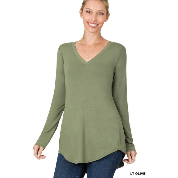 TheLovely Women & Plus Soft Luxe Rayon Long Sleeve Dolphin Hem V-Neck Tee Shirt Top