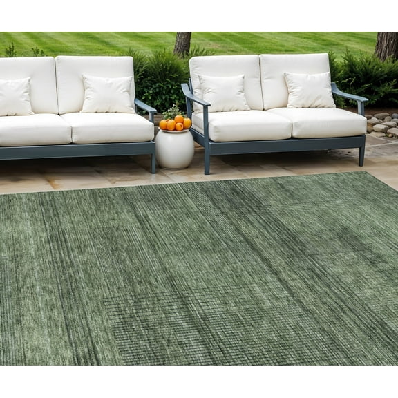 9' X 12' Olive Green And Gray Striped Washable Indoor Outdoor Area Rug