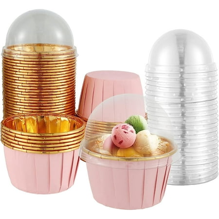 50pcs Foil Cupcake Liners with Lids Heat Resistant 5.5oz Aluminum Cake Cups Portable Foil Baking Cups Round Aluminum Muffin Liners Cupcake Holders Pans Easy to Use for Home Kitchen Wedding Party