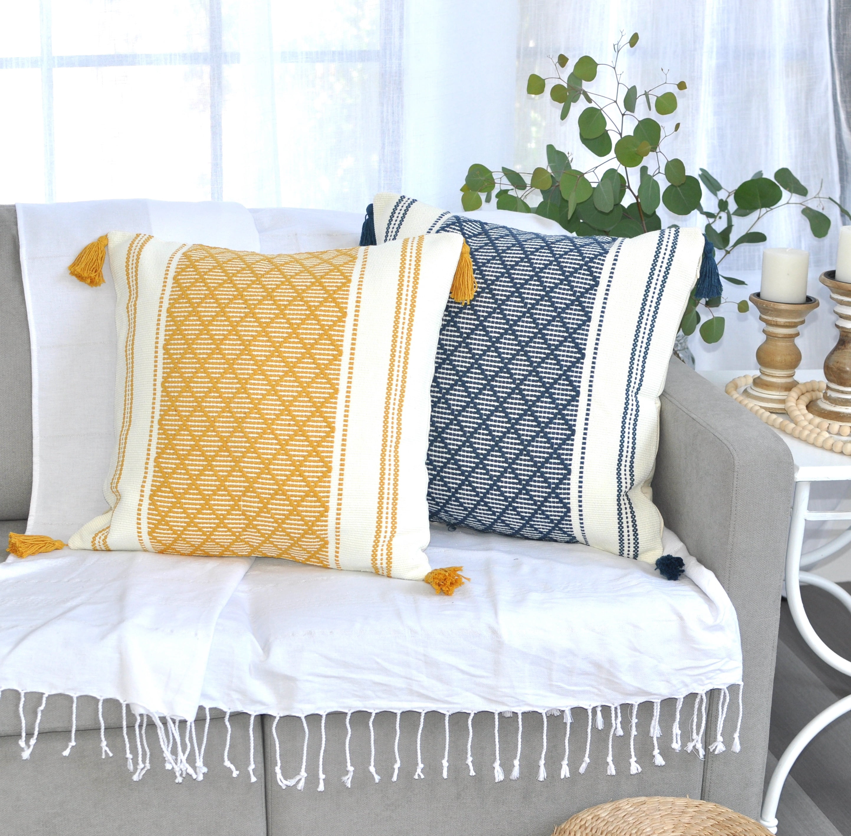 Throw Pillow Covers With Boho Tassels Navy Blue & Off White 16x16 inch - Set of 2 / Decorative Living Room Cushion Covers / Farmhouse Designer Woven PillowCases/ Modern Accent Cushion Covers
