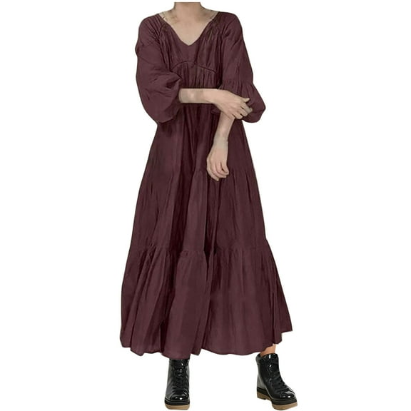 Kaemgyyd Cotton Lined Dresses for Women V Neck 3/4 Sleeve Flowy Midi Dresses Casual Tiered Summer Beach Dress for Vacation