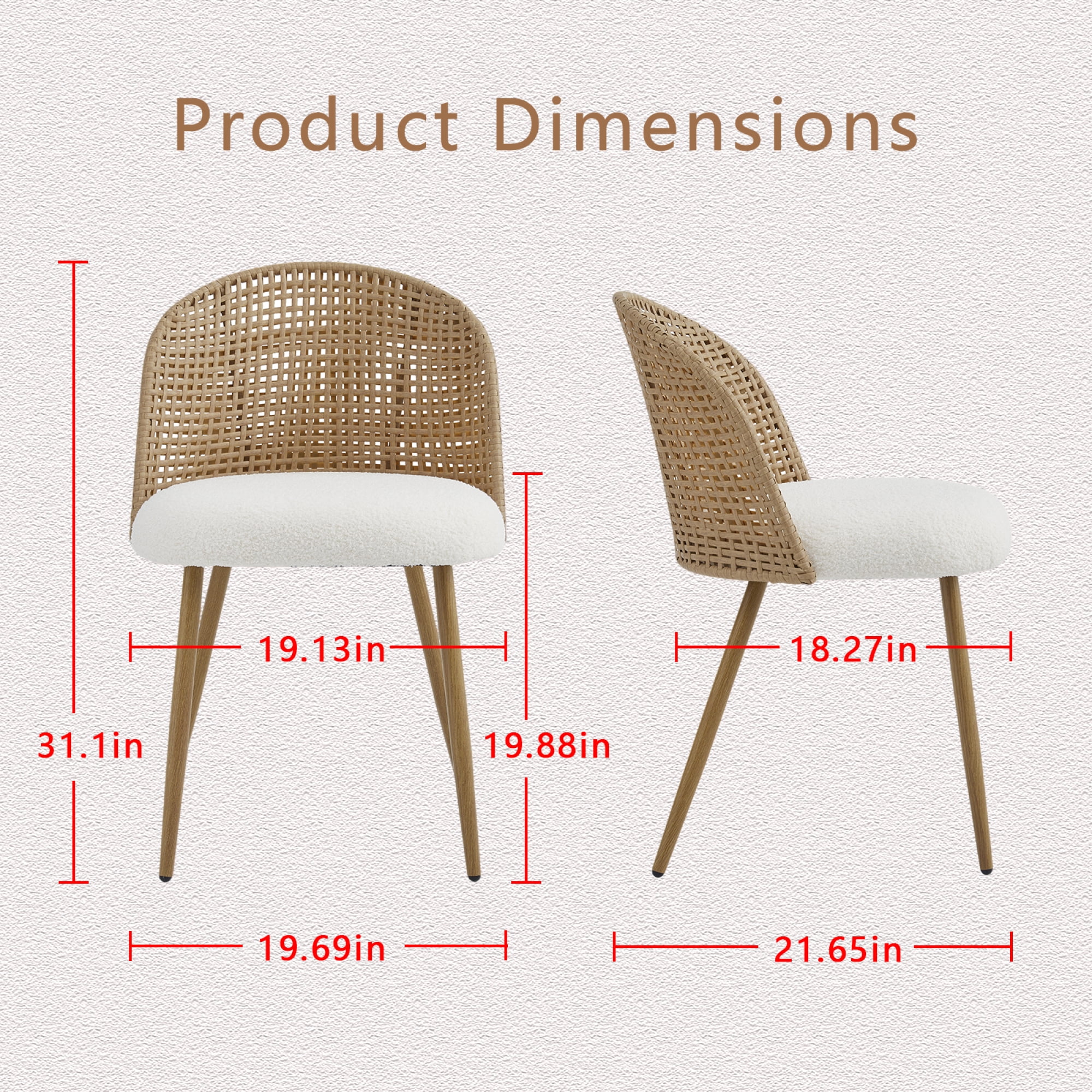 Leumius Set of 2 Wicker Dining Chairs, Farmhouse Soft Cushioned Cane Back Kitchen Chair, Sponge Cushion, Bohemian Style Dining Chair with Metal Legs for Home and Kitchen (Brown)