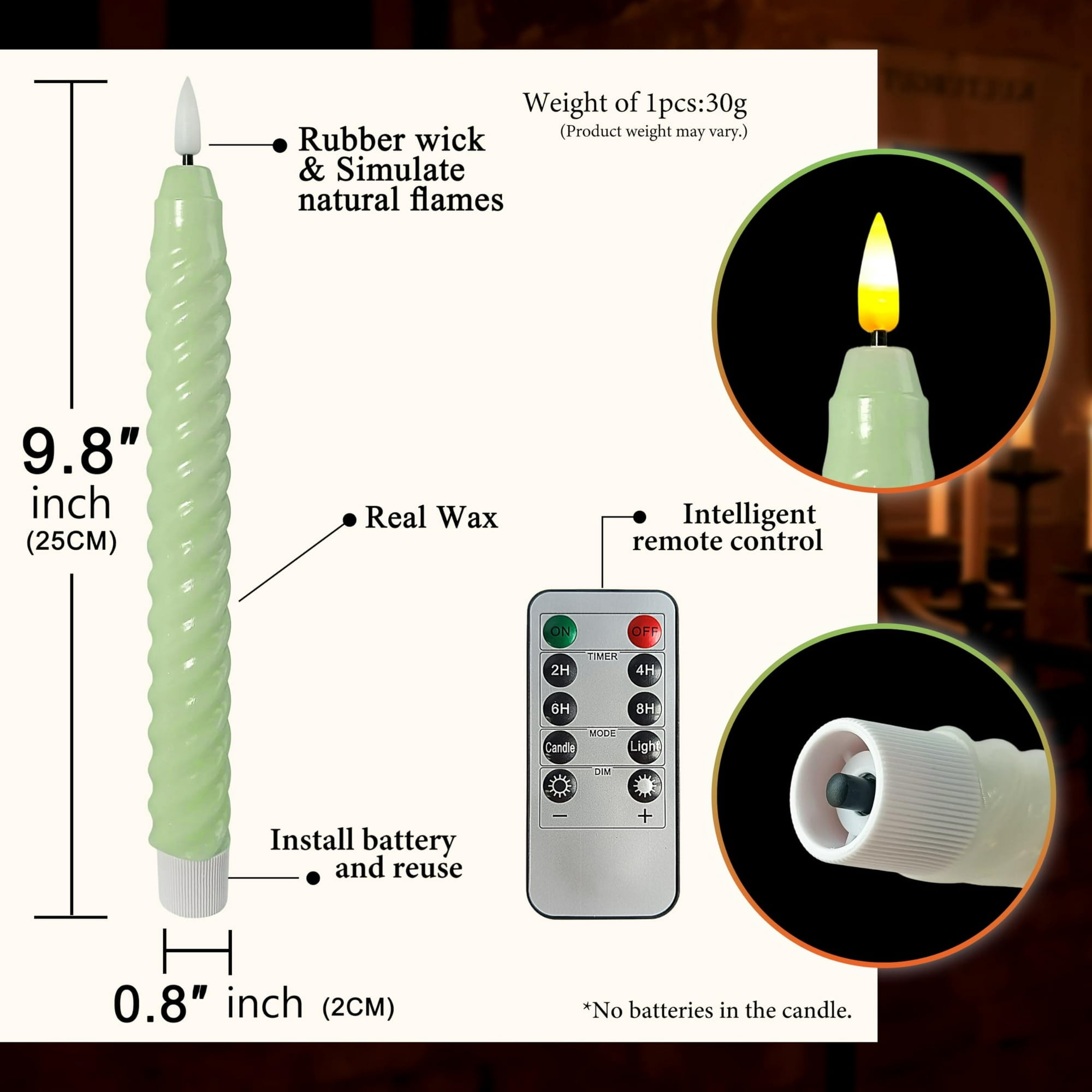 Green Spiral Flameless Taper Candles, 9.8 Inch Flickering Candles with Remote and Timer, Real Wax Candlesticks LED Battery Operated 3D Wick for Wedding Party Home Decor