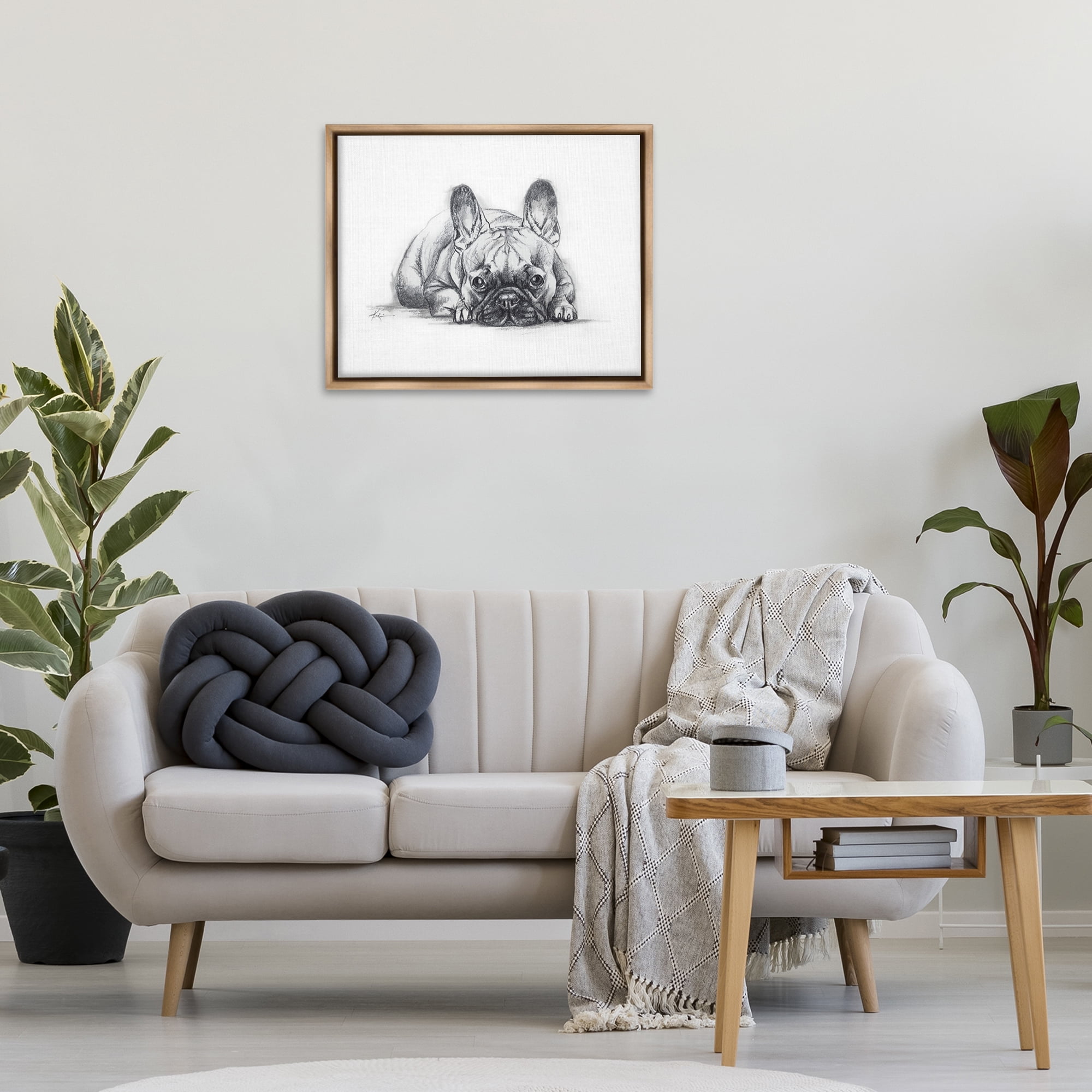 Stupell Industries French Bulldog Naptime Animals Drawing Brown Floater Framed Canvas Art Print Wall Art, 31 x 25