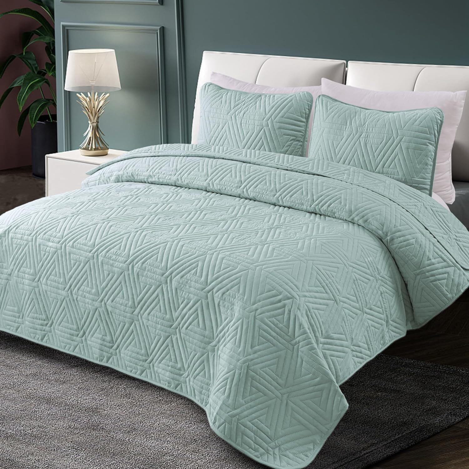 Whale Flotilla 2-Piece Twin Size Quilt Set for All Season, Classic Geometric Pattern Bedding Set with 1 Pillow Sham, Soft and Lightweight, Aqua Blue