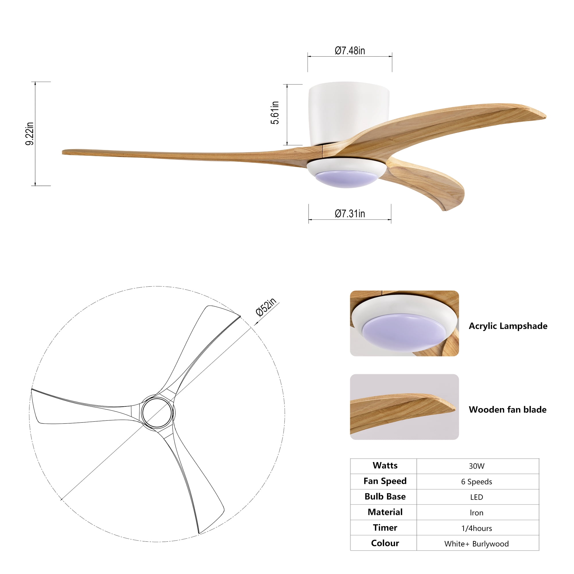 Leumius 52" Solid Wood Blades Ceiling Fan with Light and Remote Control, Noiseless Reversible Motor, 6 Speed for Patio Living Room, Bedroom White+Natural