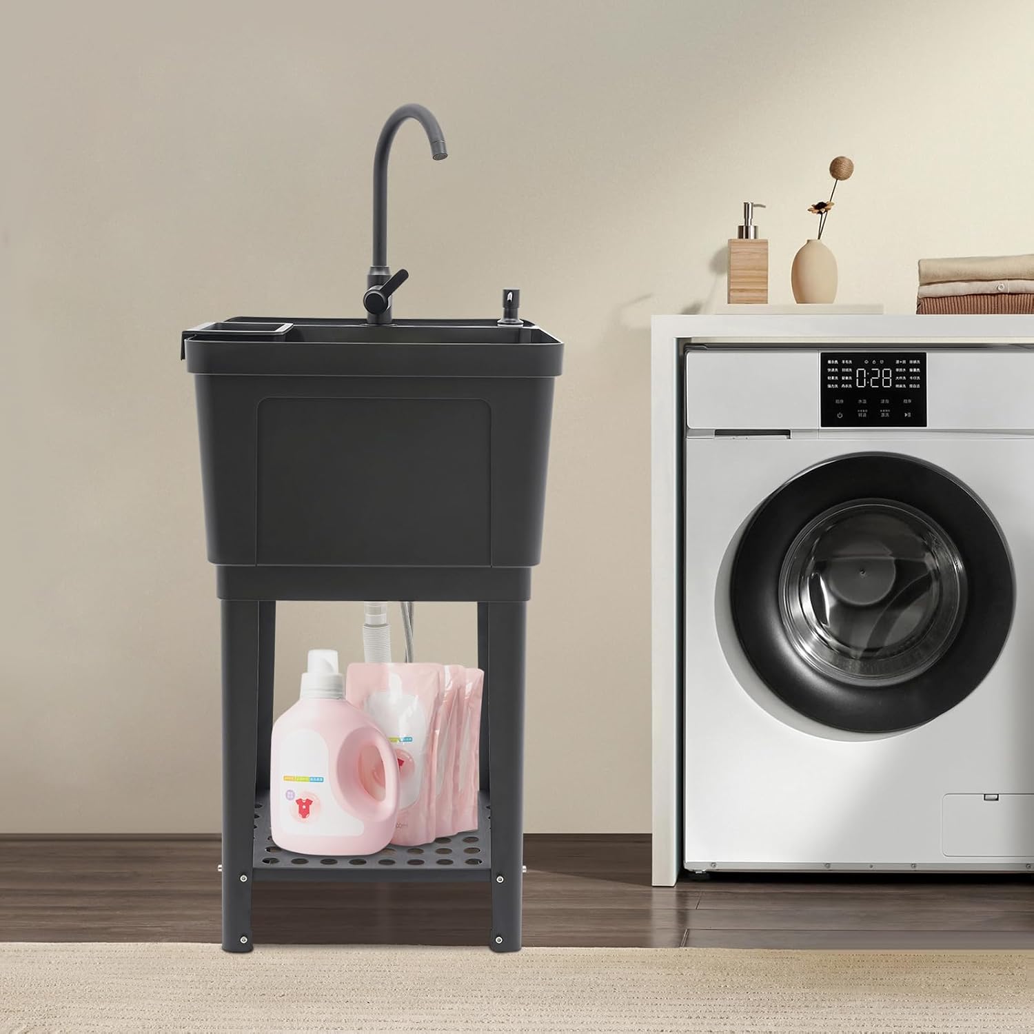 Miumaeov Utility Sink Freestanding Laundry Tub Single Bowl Utility Sink with Faucet Soap Dispenser for Laundry Room Bathroom Garage Kitchen