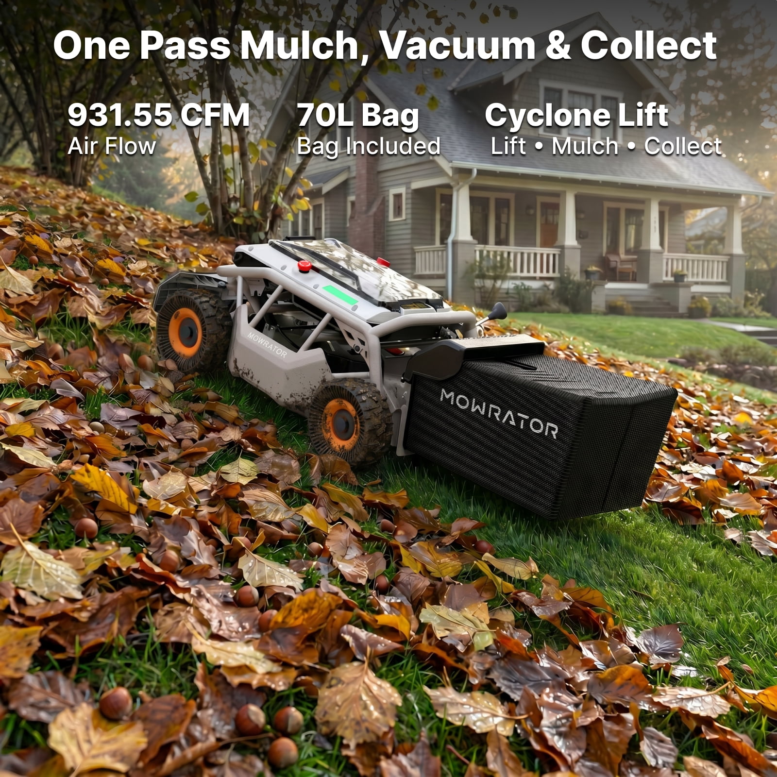 Mowrator S1 4WD 18Ah Remote Control Lawn Mower with Deformable Tires, All-Season Yard Care, 100% (45°) Slope Climbing, with Leaf Shredding Vacuum, 21" Width, 1.5–4.3" Cutting Height, Up to 1.12 Acres