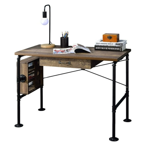 GZXS Industrial Writing Desk with 1 Drawer and Left-Facing 3-Tier Storage Compartments, Home Office Desk with Black Metal Legs, Weathered Oak Finish, 39"L x 20"W x 29"H