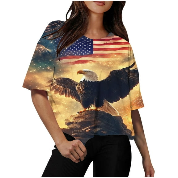 Cavosen Patriotic Clothes for Women Petite 4th of July Short Sleeve Round Neck Shirts USA Star Striped Print Shirts Lady XL Red White and Blue Casual Tops Patriotic Tunic Tees Patriotic Blouses