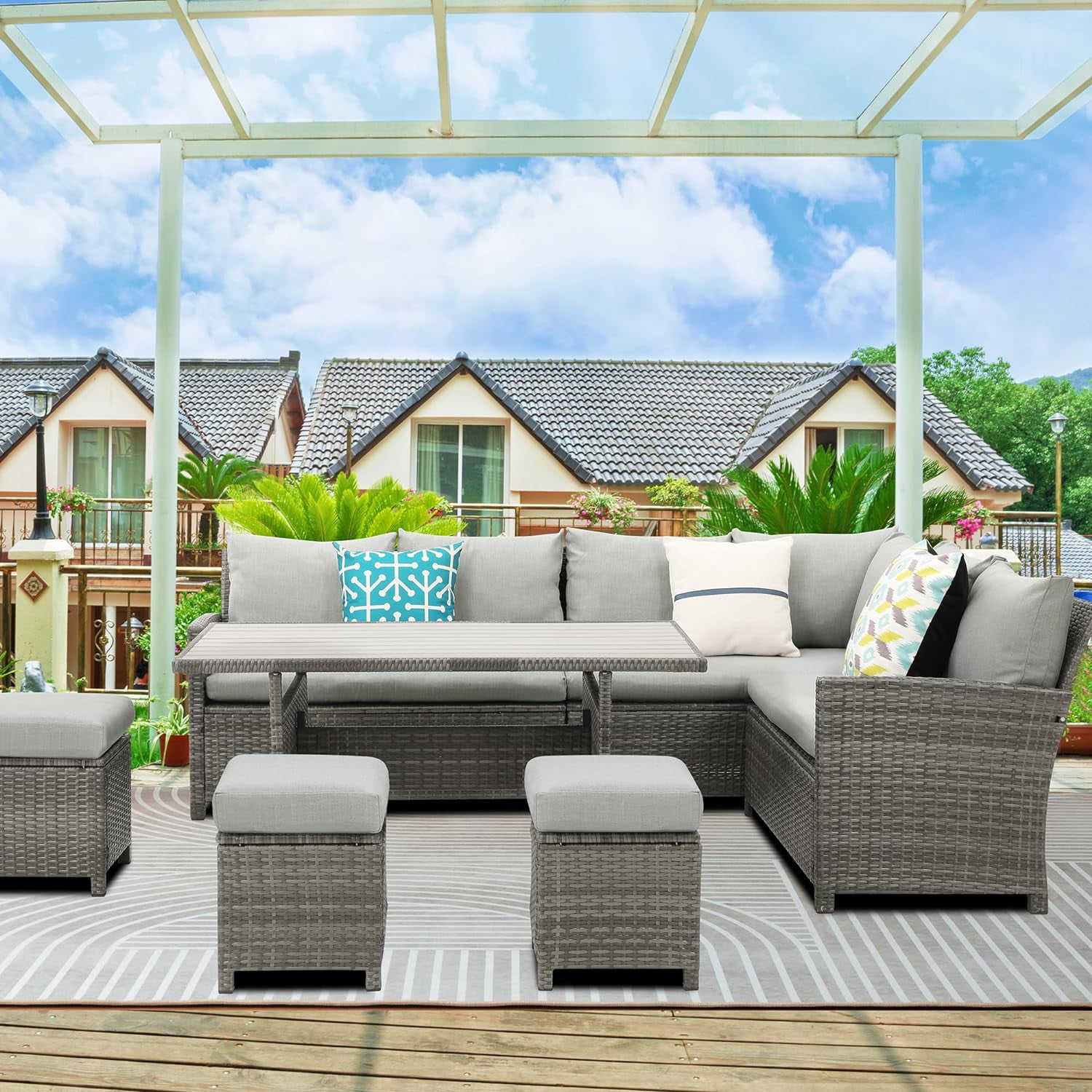Superjoe 7 Piece High Curved Wicker Outdoor Sectional Sofa with Dining Table, Gray