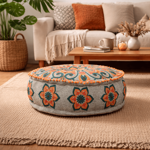 Mandala Pouf Ottoman with Pompoms 24x8 inches | Embroidered Floor Pouf with Flower Design for Living Room Bed Room