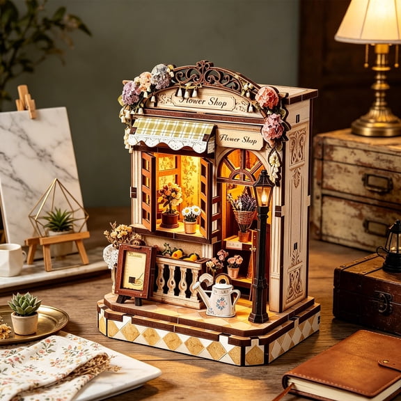 DIY 3D Wooden Dollhouse Puzzle Kit, Miniature Book Nook with LED Lights, Bookshelf Decor Craft Project, Adult Teen Beginner Gift Set, Birthday Present