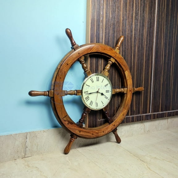 Nagina International Nautical Handcrafted Wooden Premium Wall Decor Wooden Clock Ship Wheels | Pirate's Accent | Maritime Decorative Time's Clock (48 Inches, Clock Size - 8 Inches)