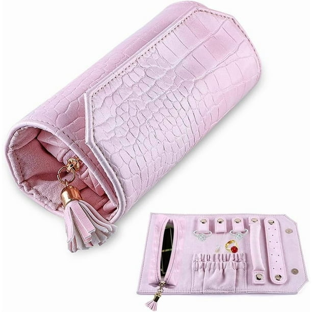 (Rosa romántico) 1 organizador de joyas enrollable, organizador de joyas de viaje, organizador de joyas de viaje con compartimento y bolsillo con cremallera para anillos y pendientes.
