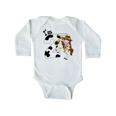 

Inktastic I m Two-cowgirl riding horse birthday Gift Baby Girl Long Sleeve Bodysuit