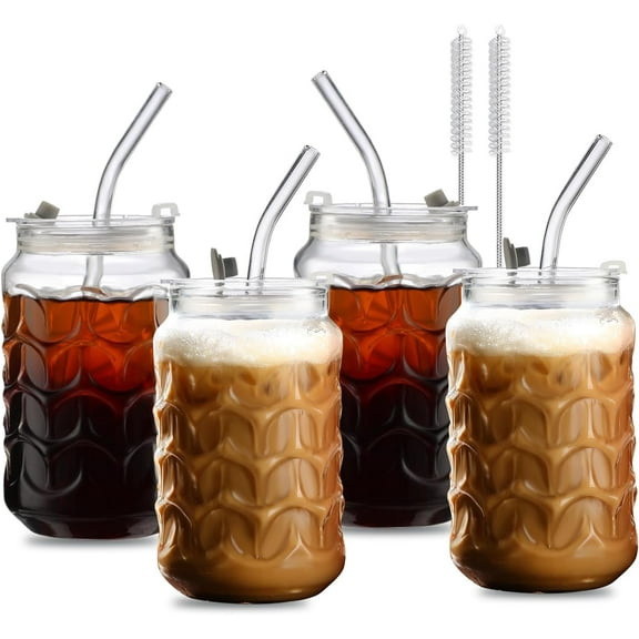 4-Pack 18oz Borosilicate Glass Cups with Leakproof Lids & Straws,Multi-Use Tumblers for Office and Home - Iced Coffee, Smoothies, Cocktails, Juice, Iced Tea & Protein Shakes, Dishwasher Safe