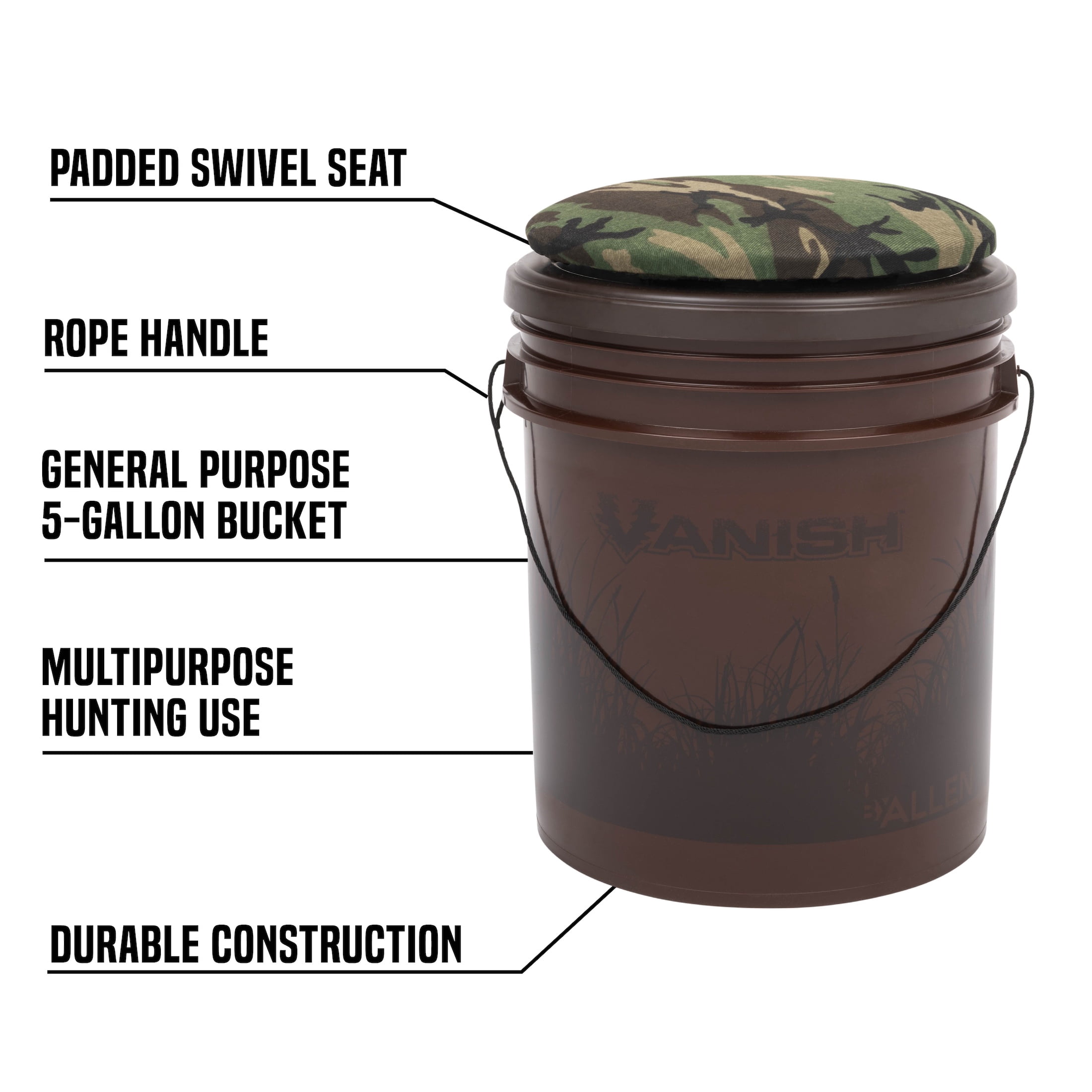 Allen Company Vanish Sportsman Bucket - 5 Gallon Padded Swivel Seat - Brown Olive Camo