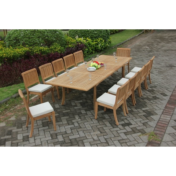 Teak Dining Set: 12 Seater 13 Pc: 117" Double Extensions Rectangle Dining Table & 10 Arbor Stacking Armless Chairs Outdoor Patio Grade-A Teak Wood WholesaleTeak #WMDSAB31