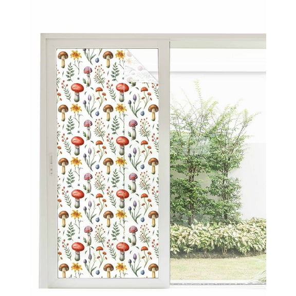 Window Privacy Film Fall Mushroom Stained Glass Window Film Decorative Sun Block Window Cover Farmhouse Botanical Flowers Leaves Plants Window Clings Static Adhesive Sticker for Bathroom 35.4"x78.7"