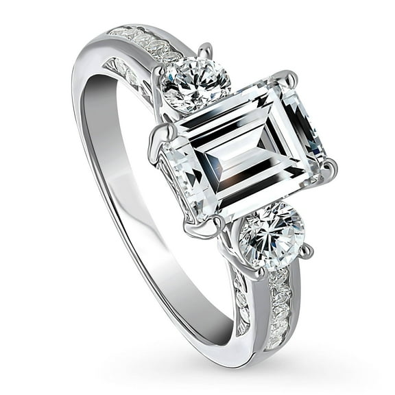 BERRICLE Sterling Silver 3-Stone Wedding Engagement Rings 2.1 Carat Emerald Cut Cubic Zirconia CZ Promise Ring for Women, Rhodium Plated Size 4.5