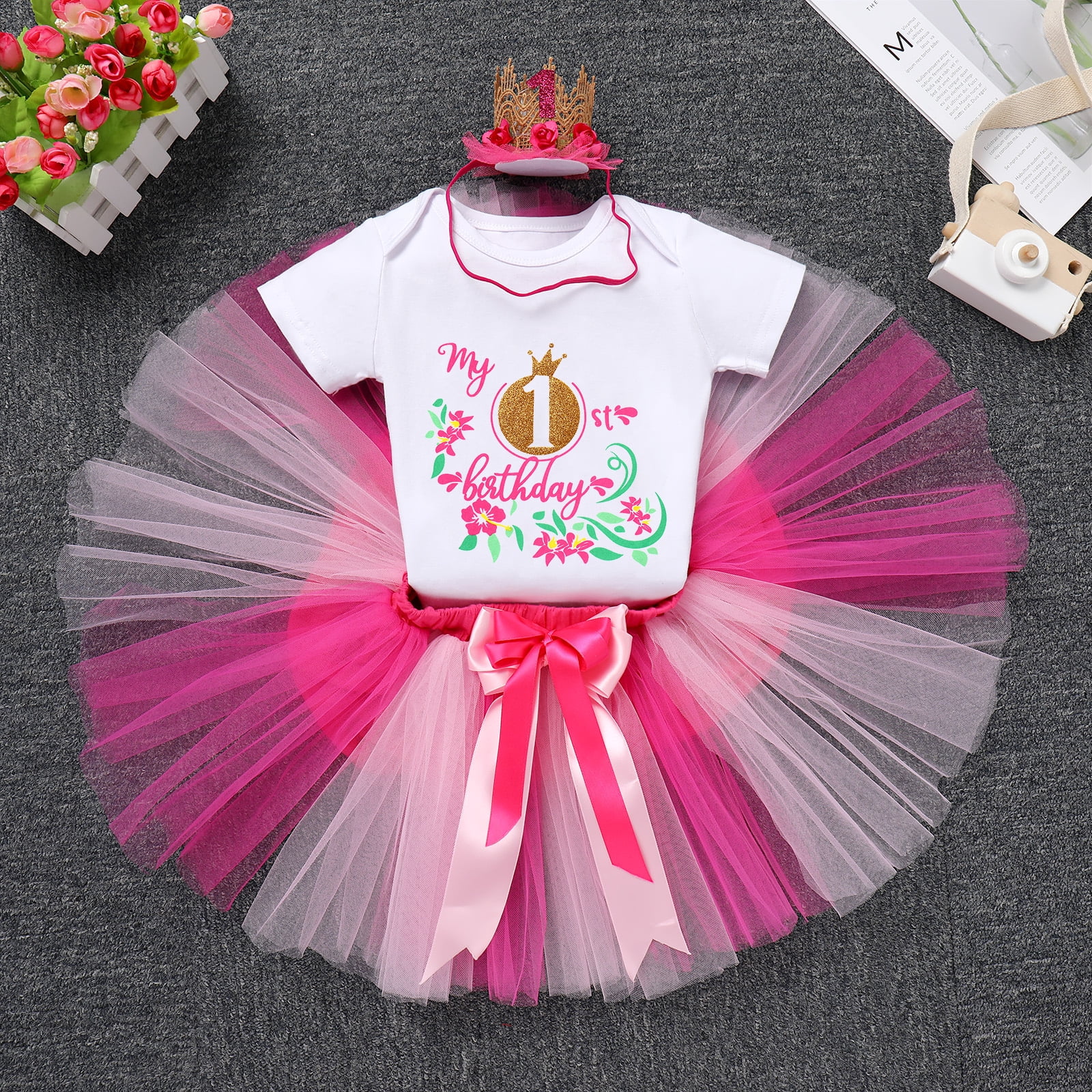 IBTOM CASTLE Infant Baby Girl One Year Old Birthday Outfit Floral Lace Party Cake Smash Romper + Tutu Skirt + Crown Clothes Set for Photo Shoot 1 Year Hot Pink - Crown 1st Birthday
