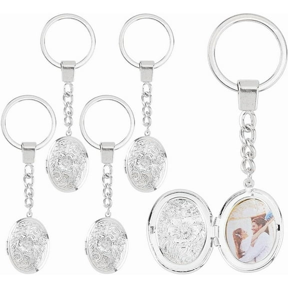 5Pcs Locket Keychains Brass Memory Photo Locket Keychain Oval Flower Locket Keychains for Bag Hat Key