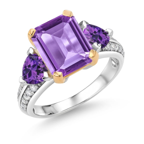 Gem Stone King 925 Sterling Silver and 10k Yellow Gold Purple Amethyst 3 Stone Engagement Ring for Women (4.49 Cttw, Octagon Cut 10X8MM, Size 9)