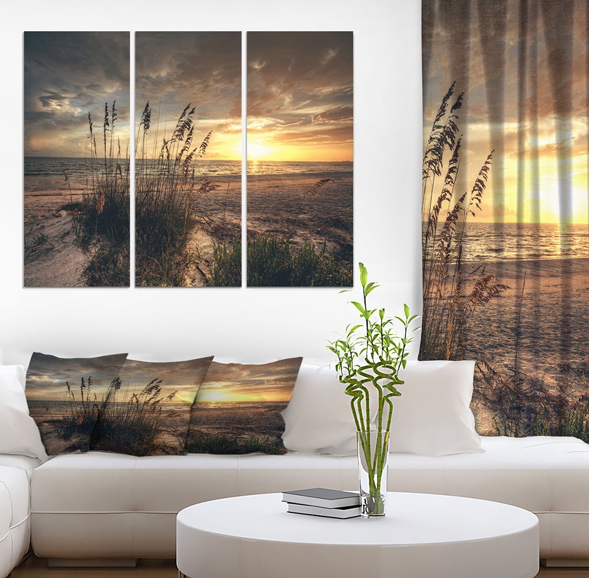 Designart 'Grassy and beach sunset ' Sea & Shore Photography on Wrapped Canvas set