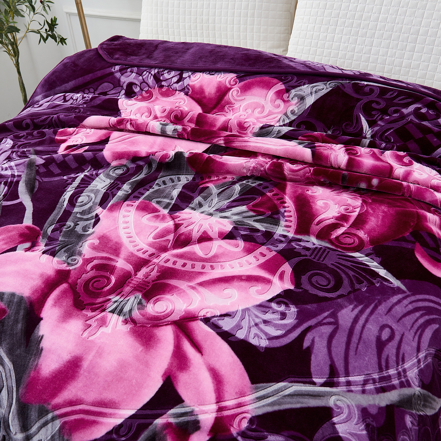 Heavy Thick Fleece Blanket King Size, 9lbs,1 Ply Silky Soft Warm Flower Embossed Raschel Winter Blanket, Minky Soft Plush Blanket for Sofa Bed, 85"x95", Dark Purple Floral