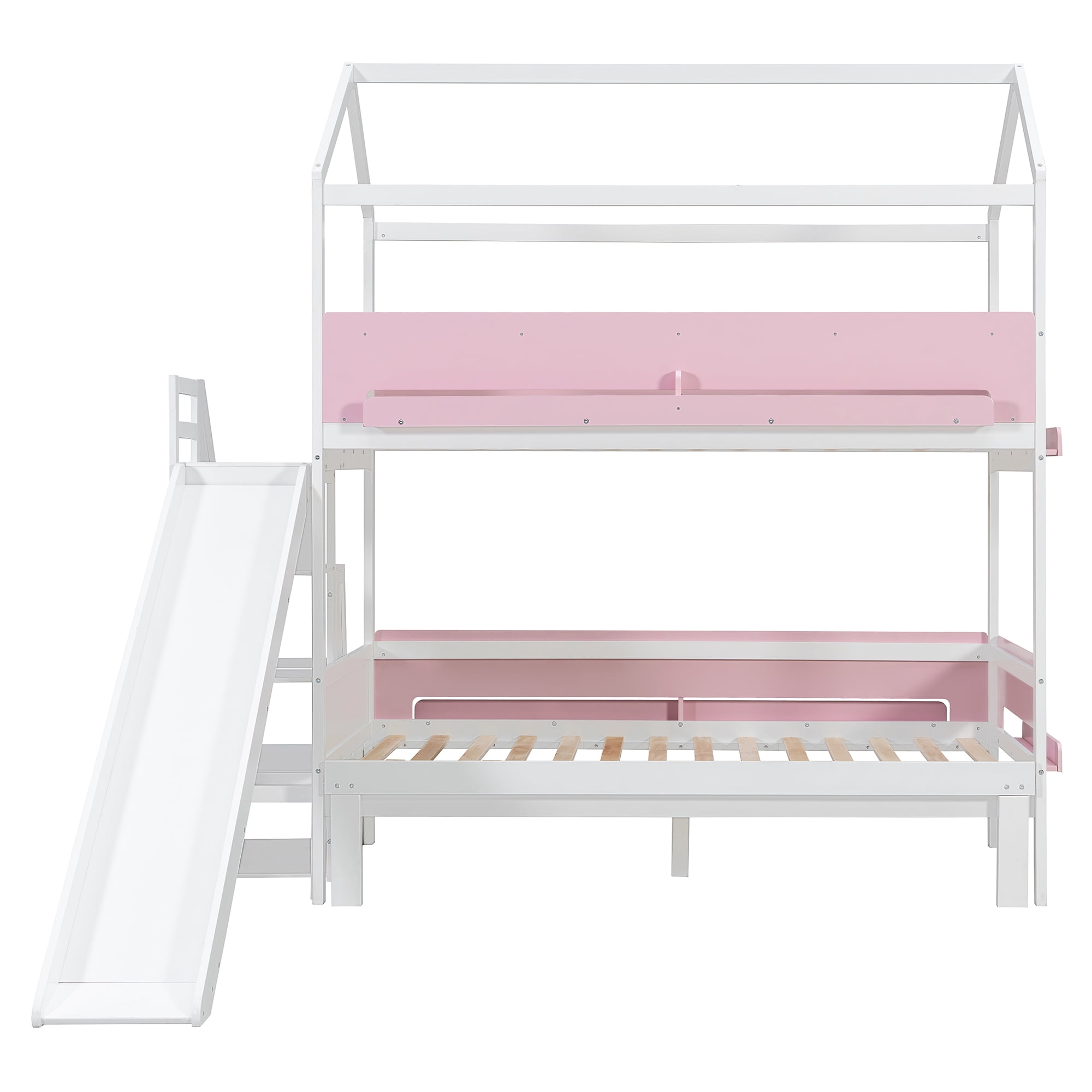 Mintazer Kids Twin Over Full Bunk Bed House-Shaped Bed Frame with Slide & Storage Staircase for Children Bedroom, Pink