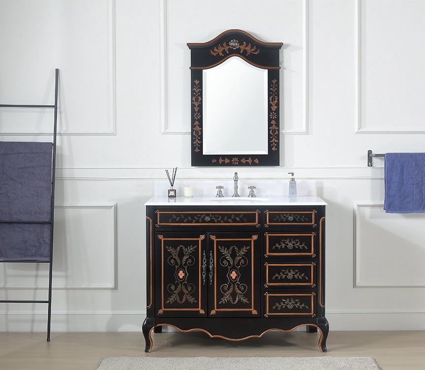 Benton Collection 42" Black Hand-Painted Floral Bathroom Vanity with White Marble Top