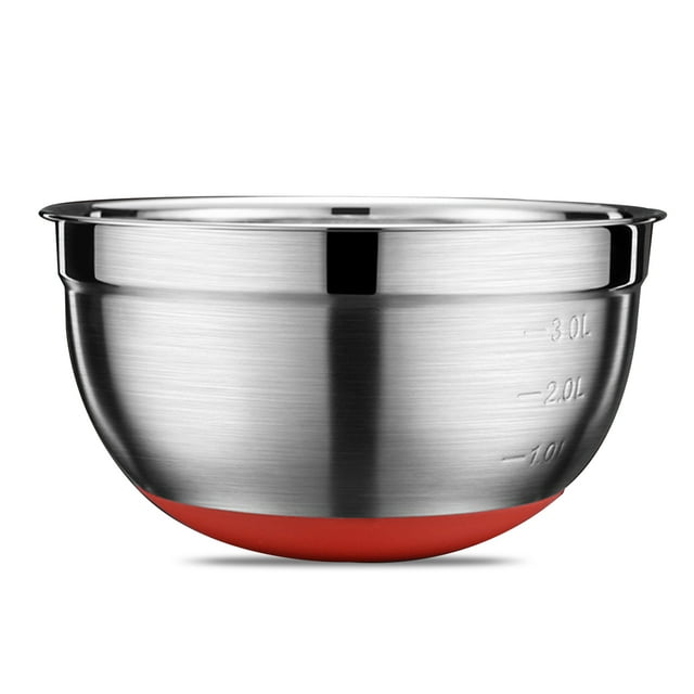 tazón para mezclar de acero inoxidable 304 con base antideslizante de silicona y marcas de medición, capacidad de 4.4 litros. Vista frontal centrada de un cuenco plateado de acabado cepillado y paredes curvas, con marcas de nivel grabadas visibles hasta 3.0 L en el lateral interior y base de silicona roja antideslizante; ideal para batir masas y a la vez adecuado para preparar aderezos o mezclar ingredientes pequeños.
