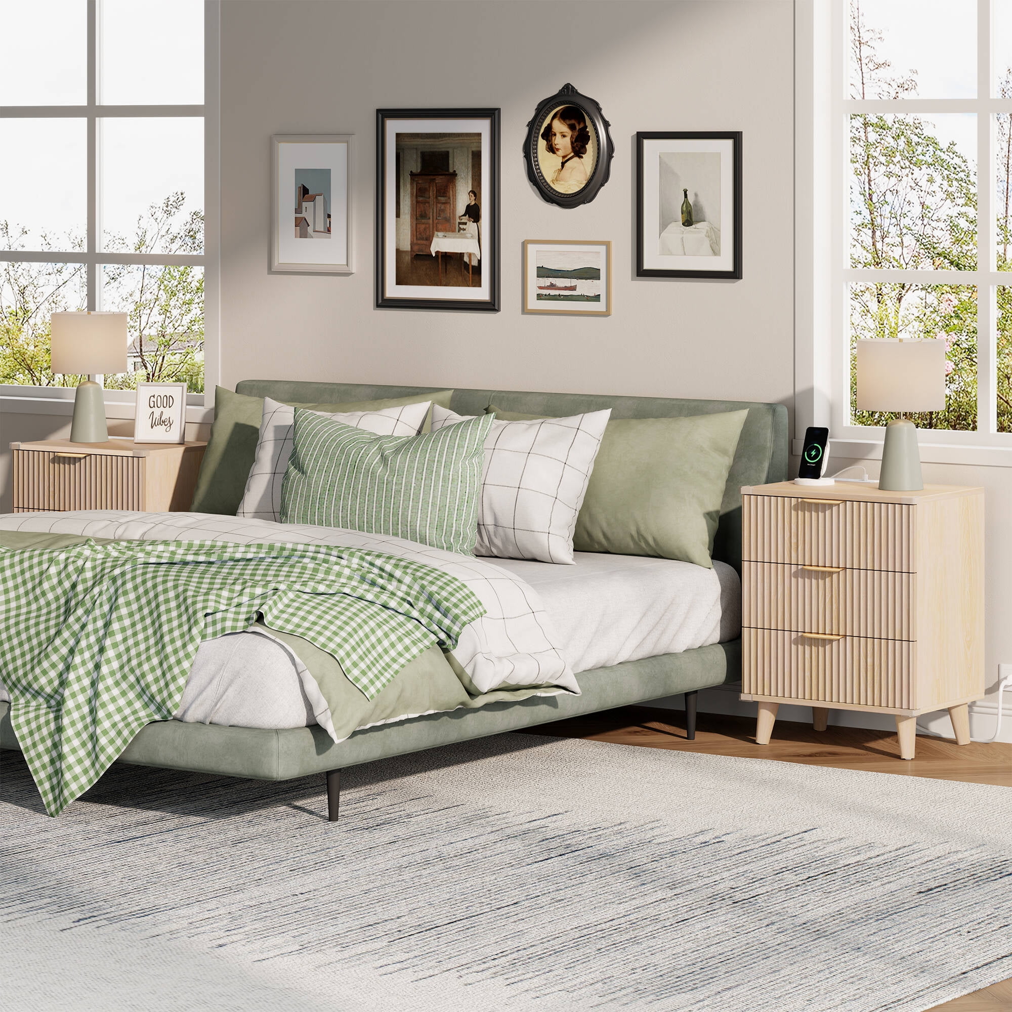 Laintene 3-Drawer Dresser for Bedroom, Nightstand with Charging Station - Modern Fluted with Solid Wood Legs, 2 AC Outlets & 2 USB Ports, Small End Table with Storage, Natural