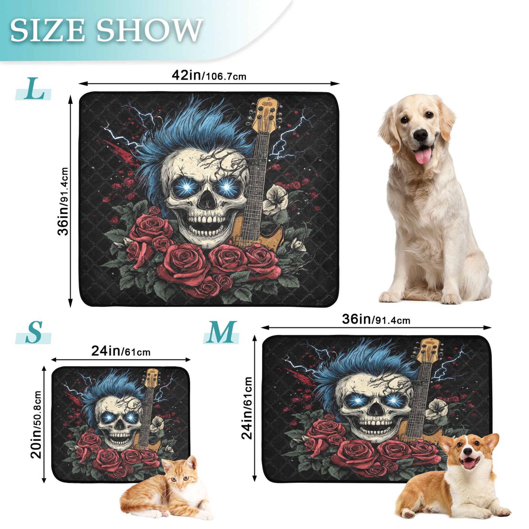 Qxltty Blue Hair Skull Guitar Pattern Cat litter Pads Pet Set of 3 Diaper Mats Center Anti-leakage Layer Absorbent Soft and Comfortable