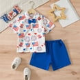 thumbnail image 2 of CAICJ98 4th of July Toddler Boy Outfit Gentleman Short Sleeve Button Down Shirt Dress Shorts Fourth of July Clothes Set (White,4-5 Years), 2 of 4